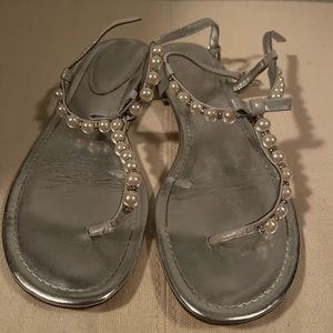 Silver ankle strap sandals with pearl detail
